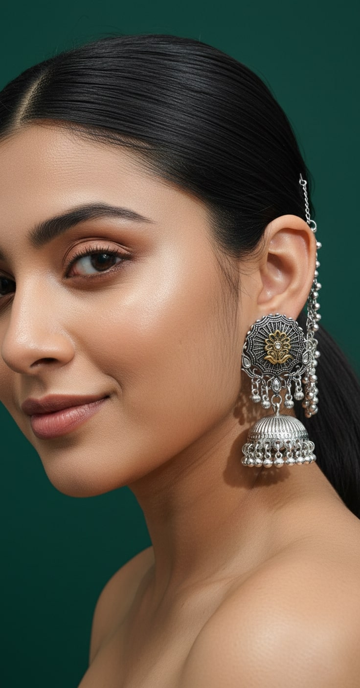 Oxidised Silver Plated Ghumroo Beaded Dome Jhumka with Hair Chain