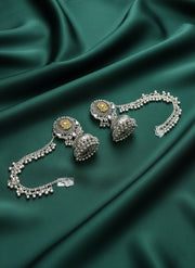 Oxidised Silver Plated Ghumroo Beaded Dome Jhumka with Hair Chain