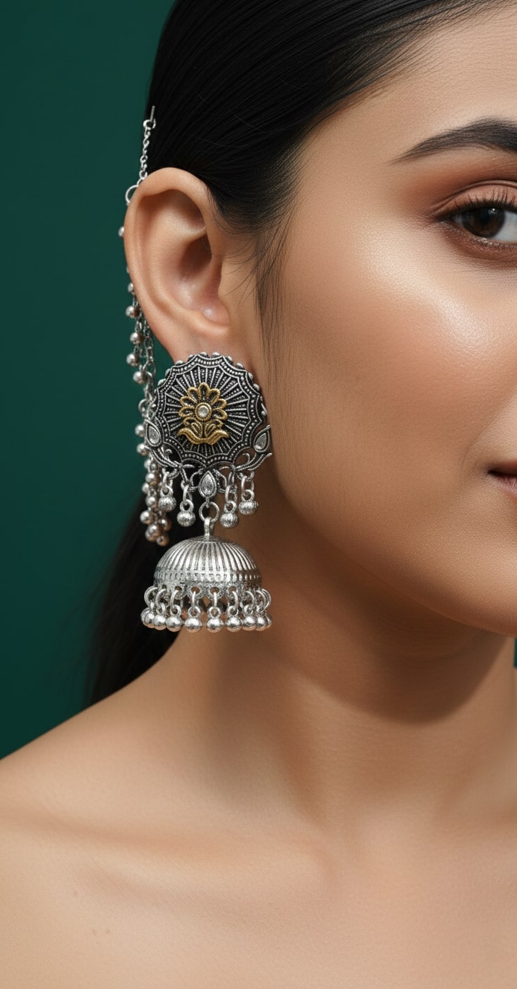 Oxidised Silver Plated Ghumroo Beaded Dome Jhumka with Hair Chain