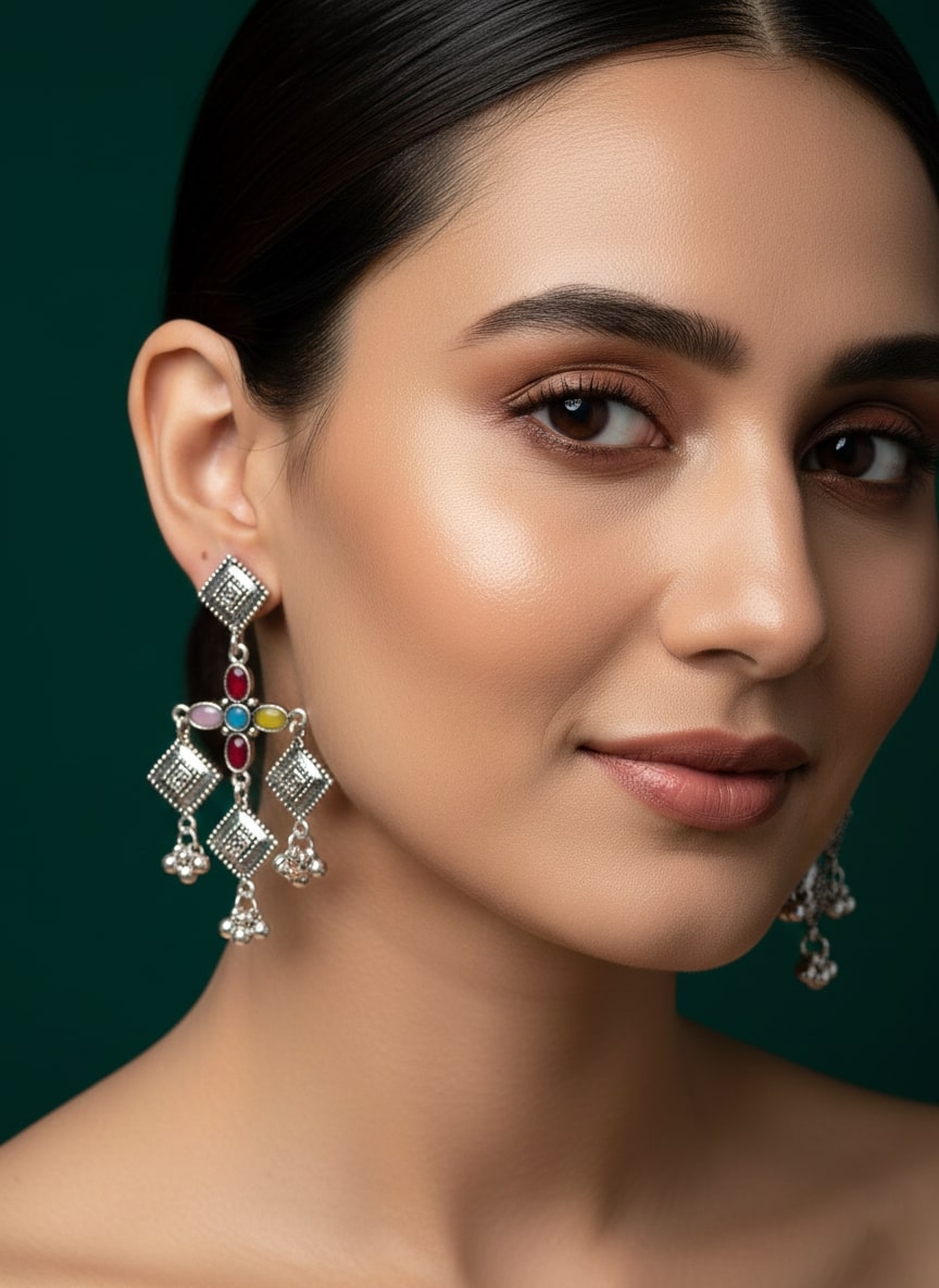 German Silver Oxidized Drop Earrings