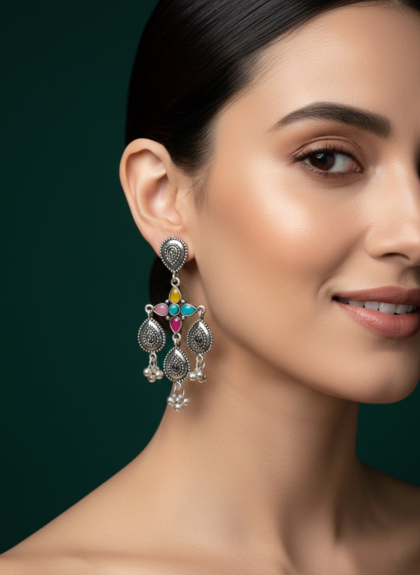German Silver Oxidized Drop Earrings