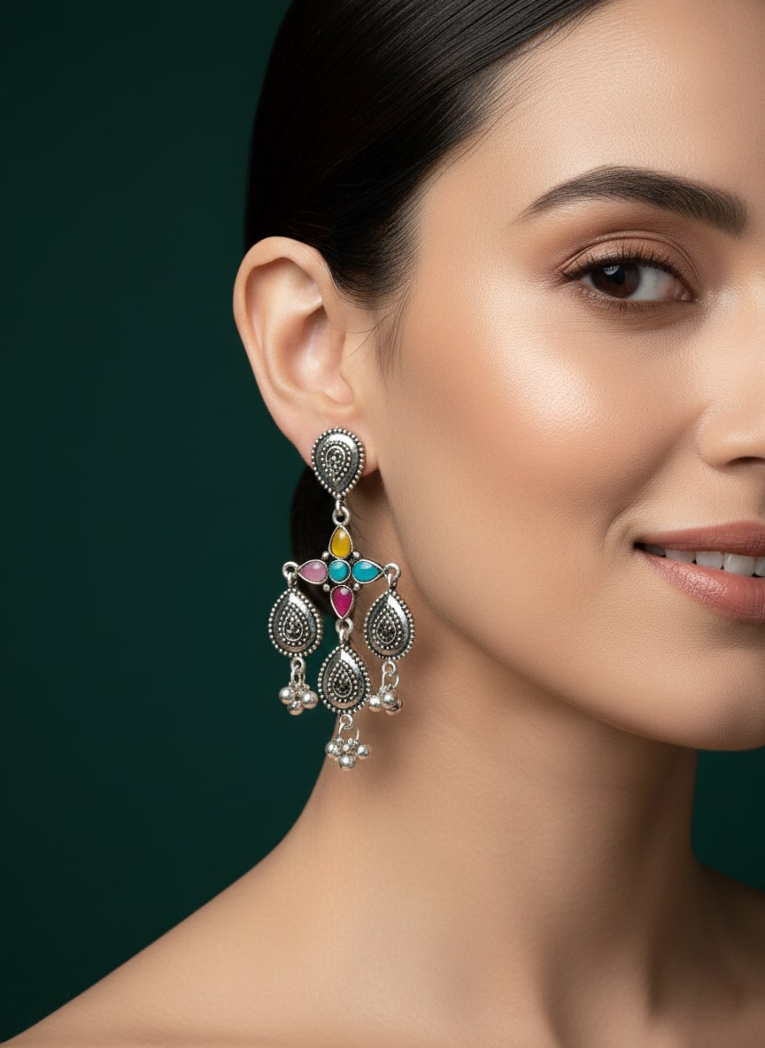 German Silver Oxidized Drop Earrings