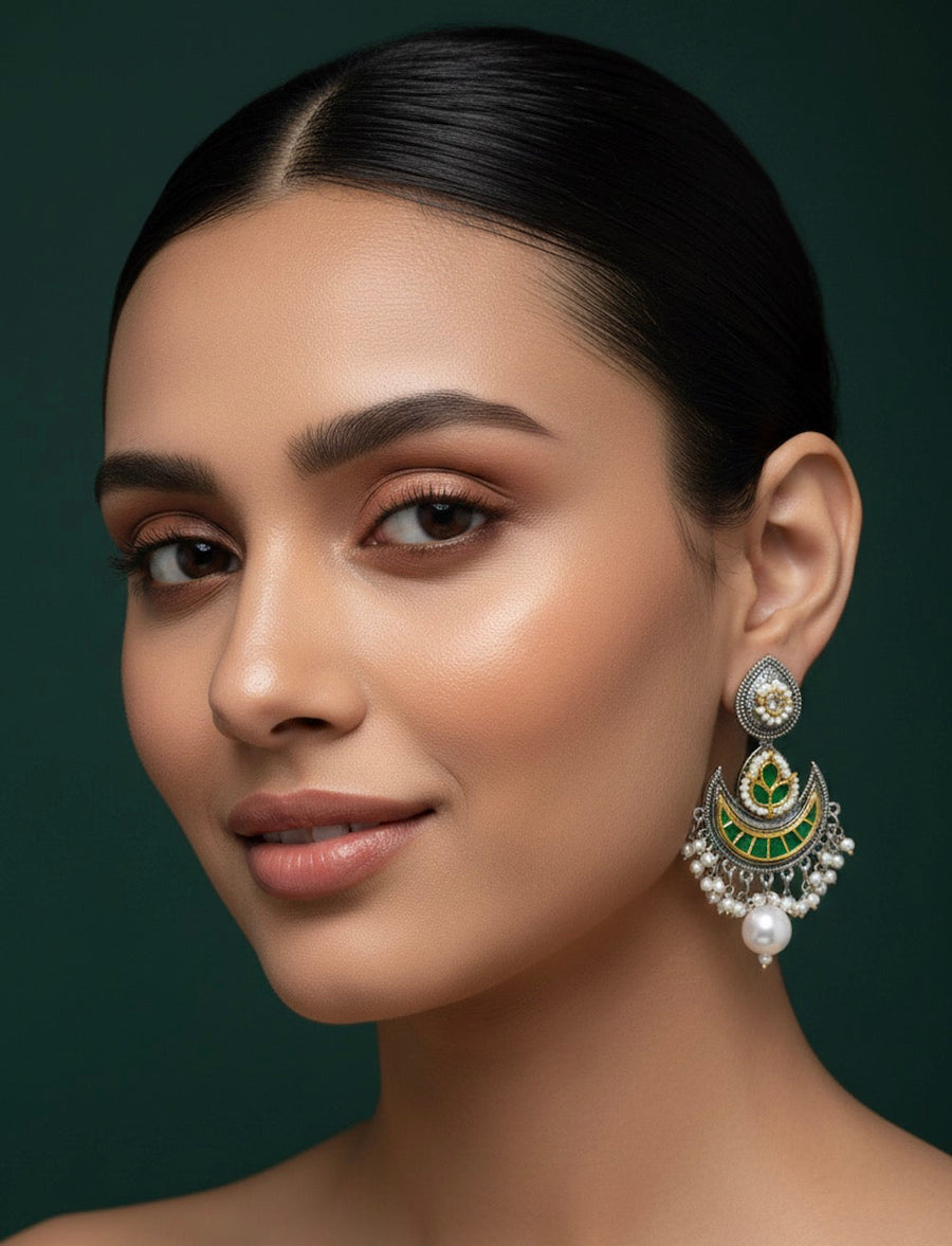 Women Gold & Oxidised Chand Bali Earing