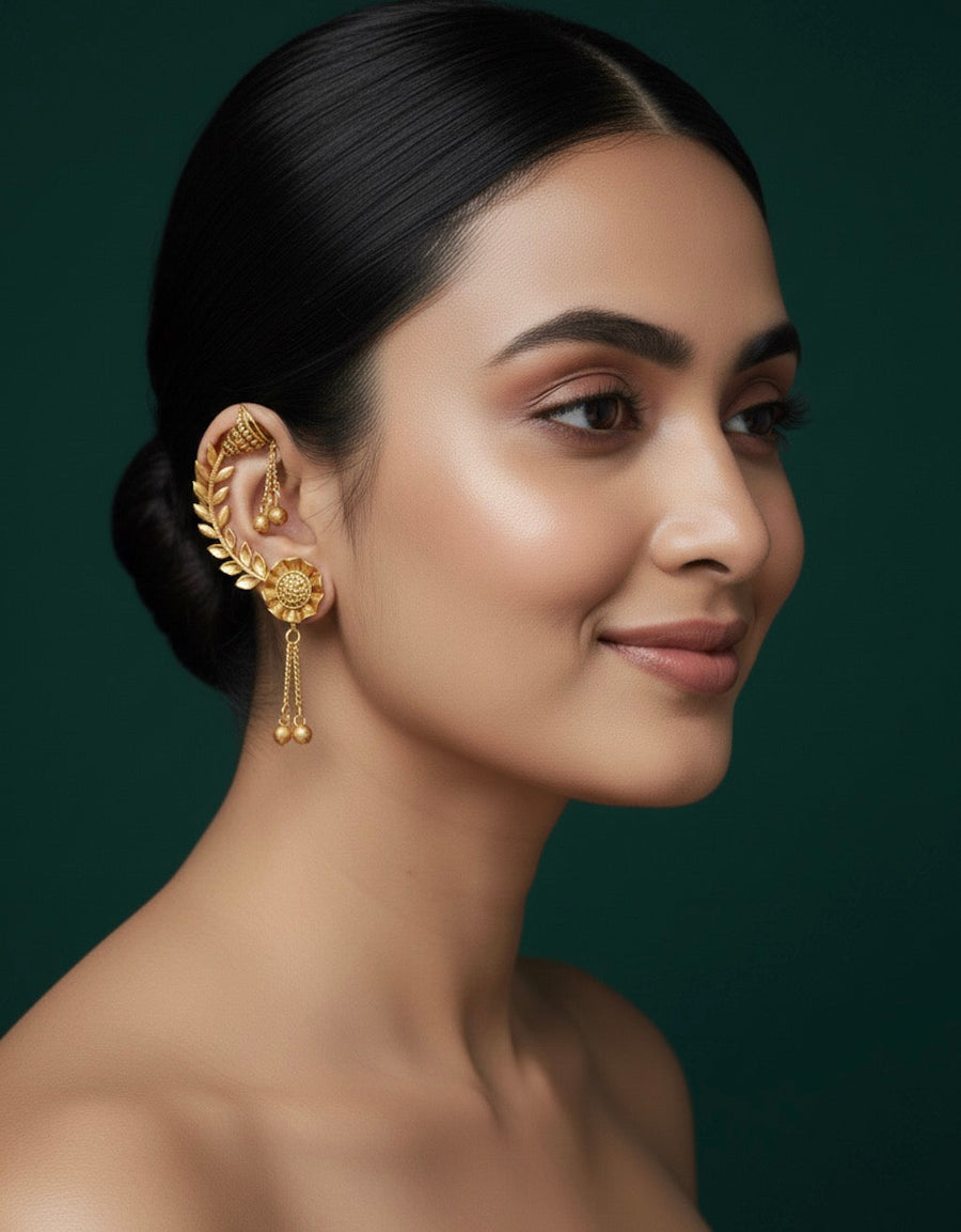 Women Gold Plated Leaf Shaped Ear Cuff with Drop chain