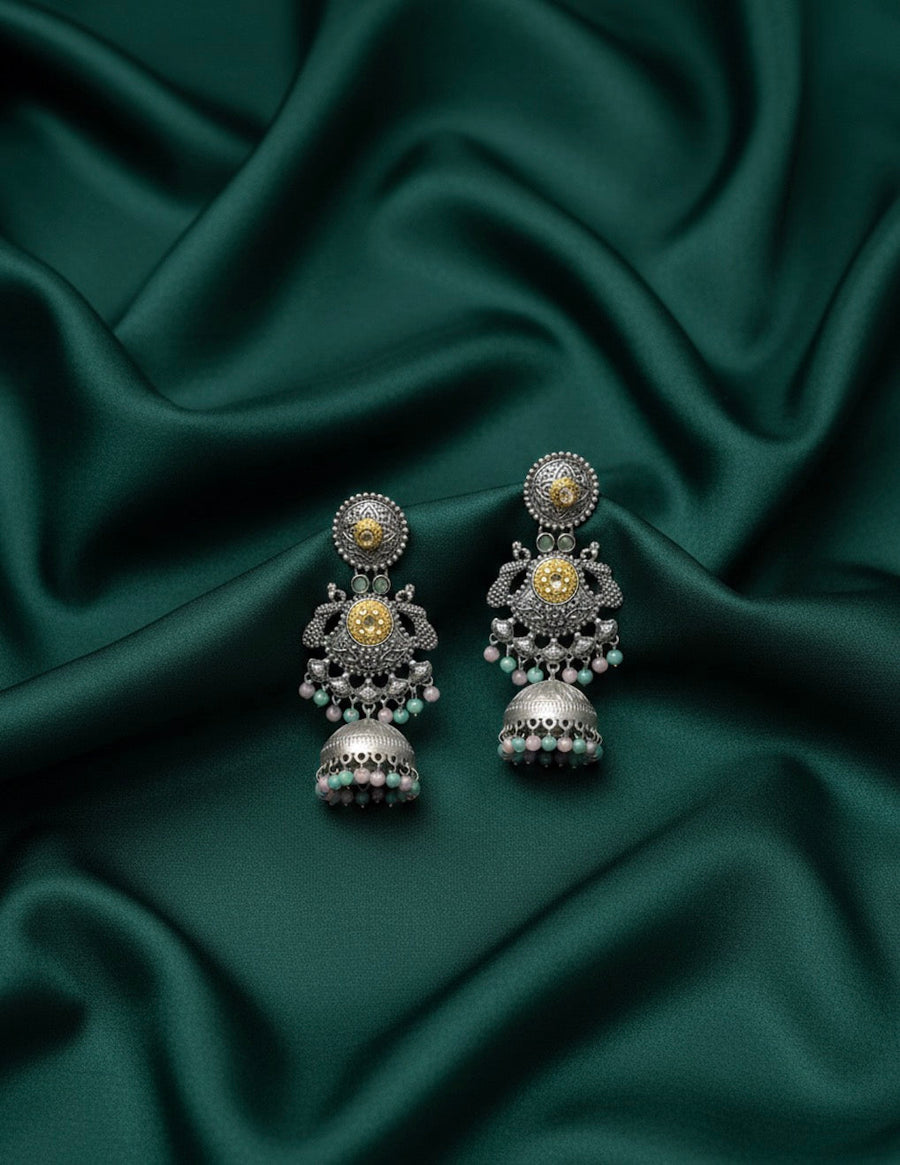 Women Oxidised Peacock Jhumka Studded with Stones