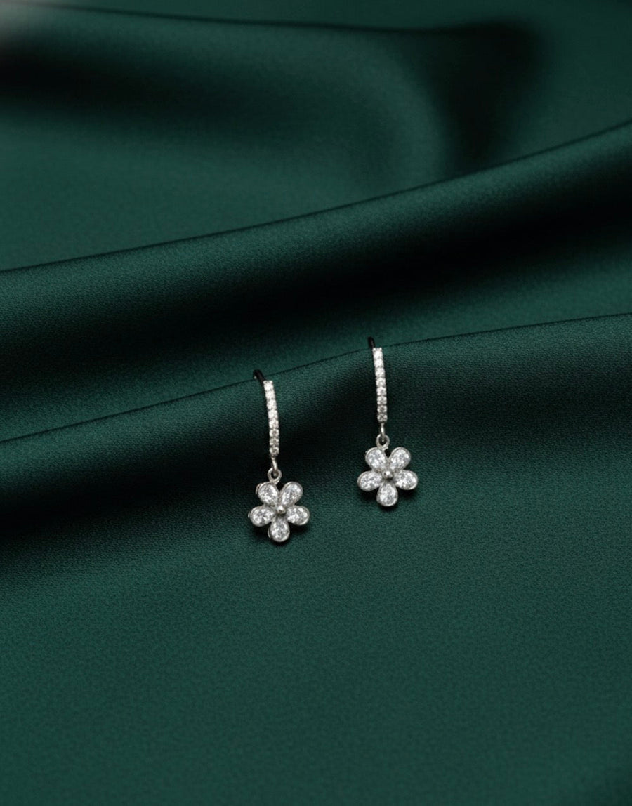 Silver-plated Fancy Diamond Flower Hoops