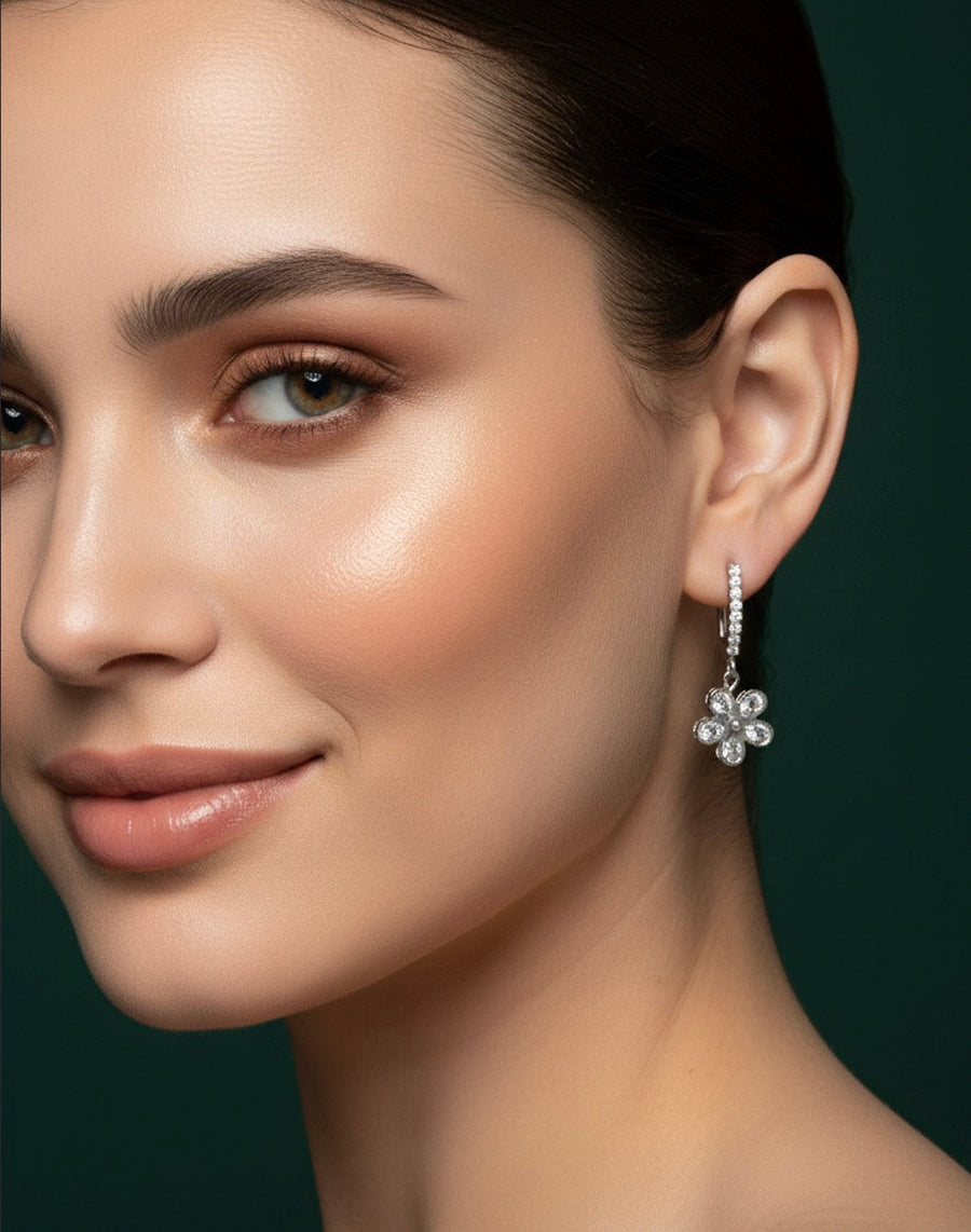 Silver-plated Fancy Diamond Flower Hoops