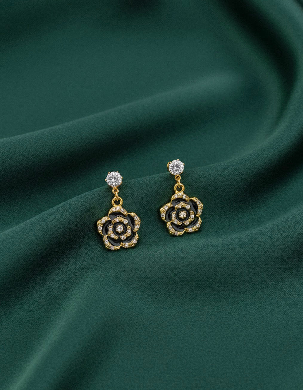 Fancy Golden & Black Flower Earrings