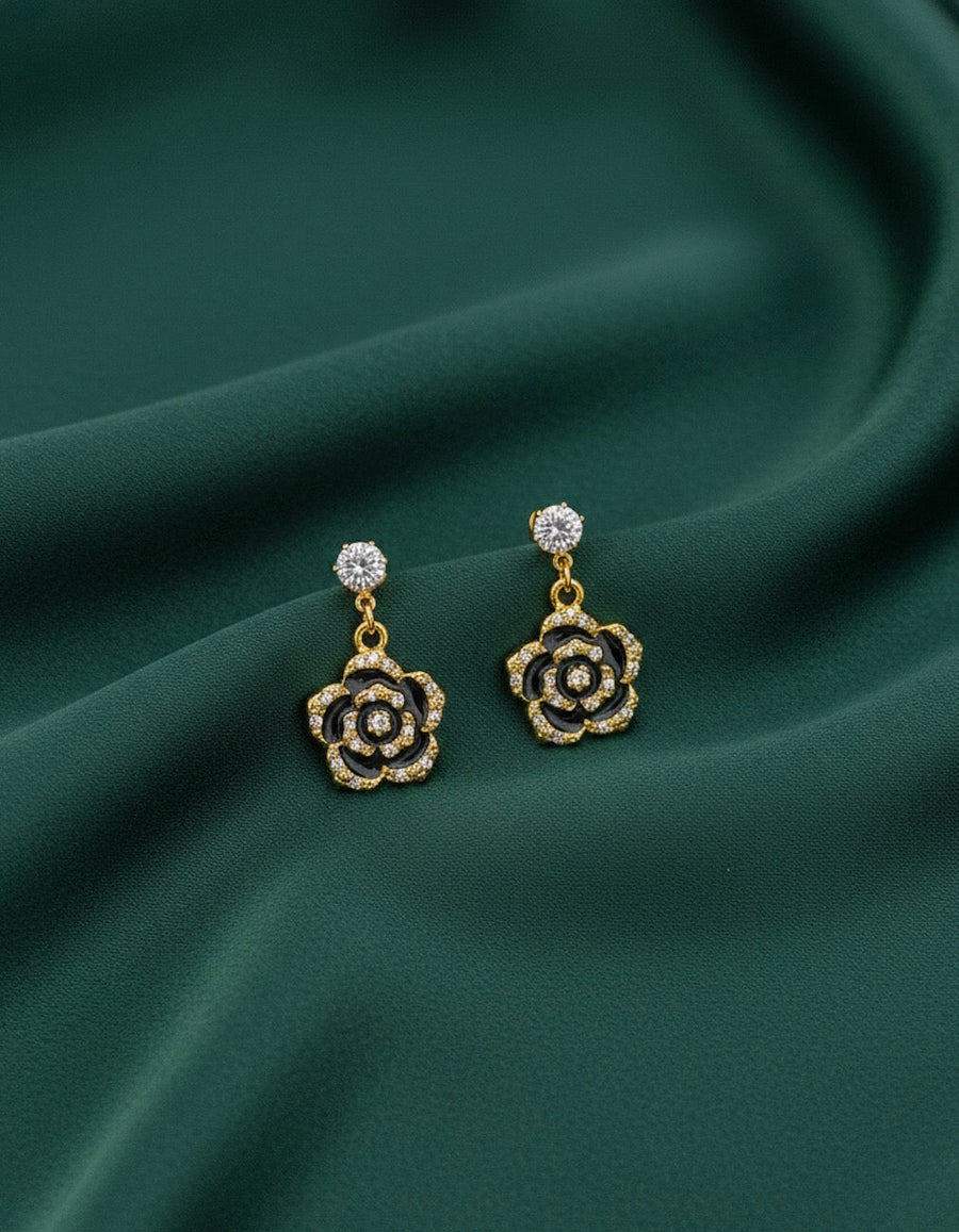 Fancy Golden & Black Flower Earrings
