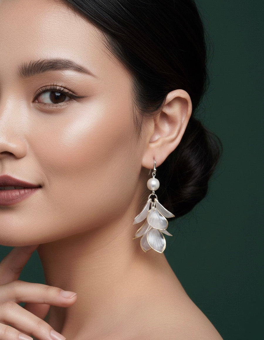 Beautiful Pearl With White Petals Earrings