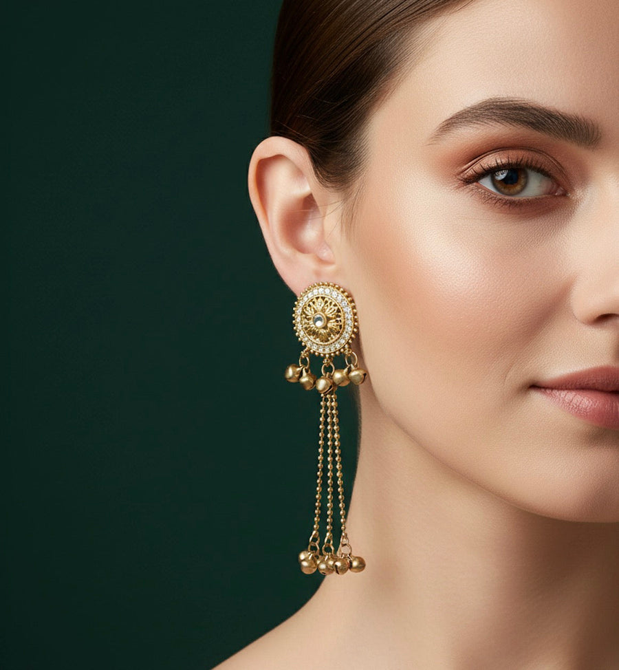 Golden Circular Shaped With Tassels Earrings