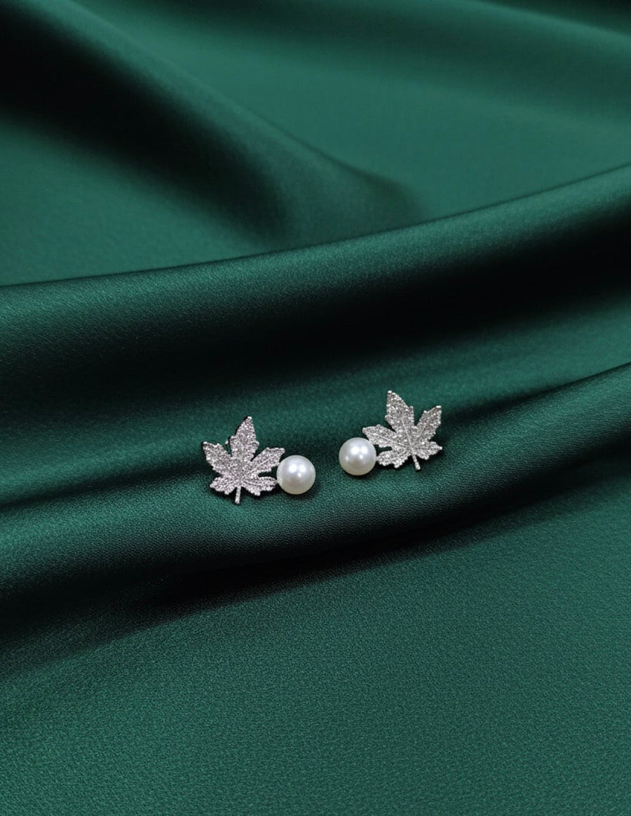 Women Silver Plated Maple Shaped Leaf Stud Earring