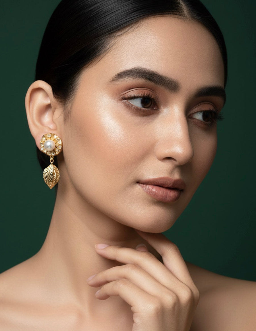 Women Gold Plated Pearl Studed Earing With Drop leaf Design