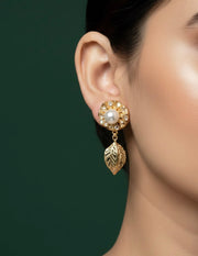 Women Gold Plated Pearl Studed Earing With Drop leaf Design