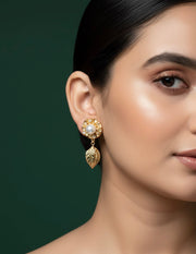Women Gold Plated Pearl Studed Earing With Drop leaf Design