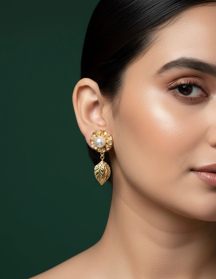 Women Gold Plated Pearl Studed Earing With Drop leaf Design