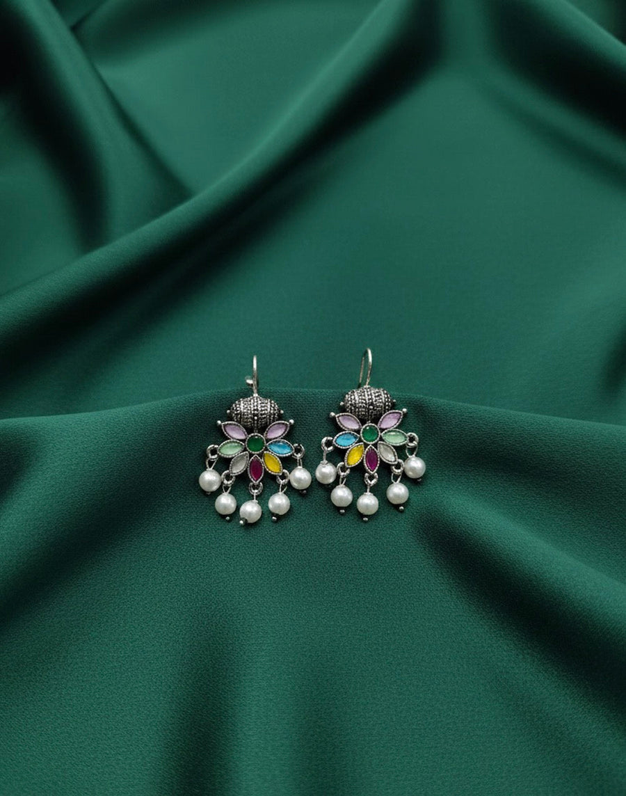 Women Oxidised Navratna Stones Earrings
