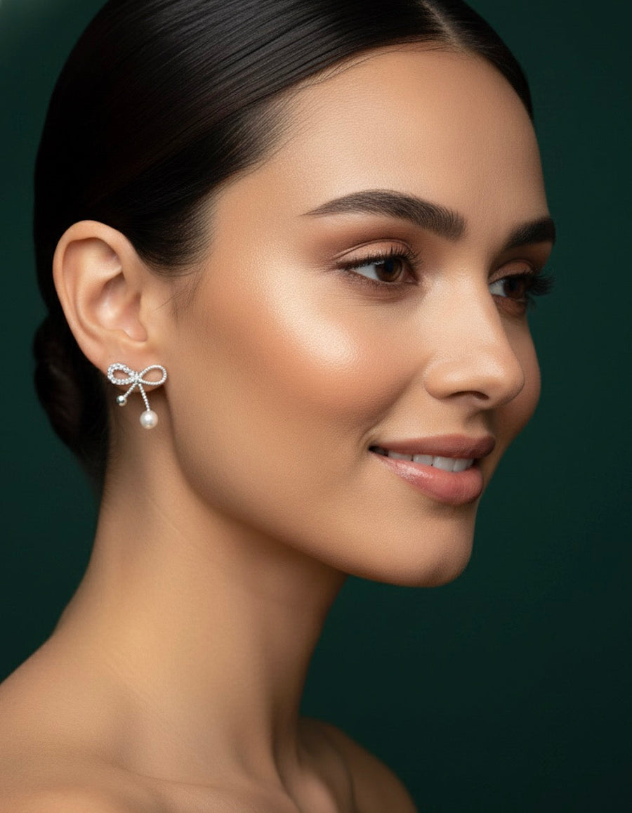 Women Sliver Plated Bow Earing with Pearl Drop