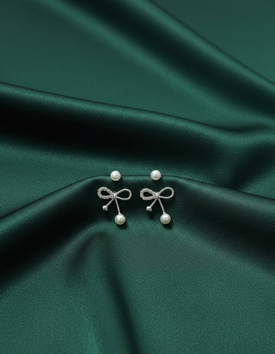 Silver Plated Pack of 2 Bow & Pearl Studs
