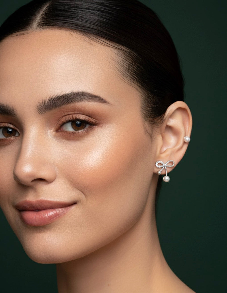 Silver Plated Pack of 2 Bow & Pearl Studs