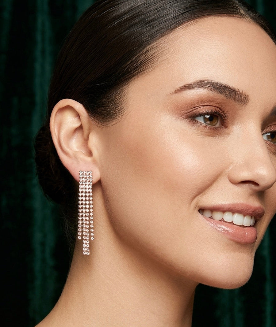 Artificial Diamond & Beaded Rose Gold Drop Earrings