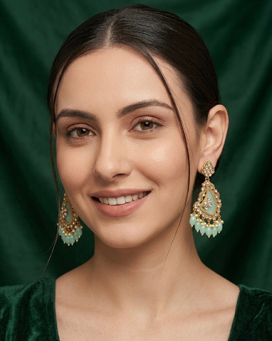 Gold Plated Green Kundan Earrings