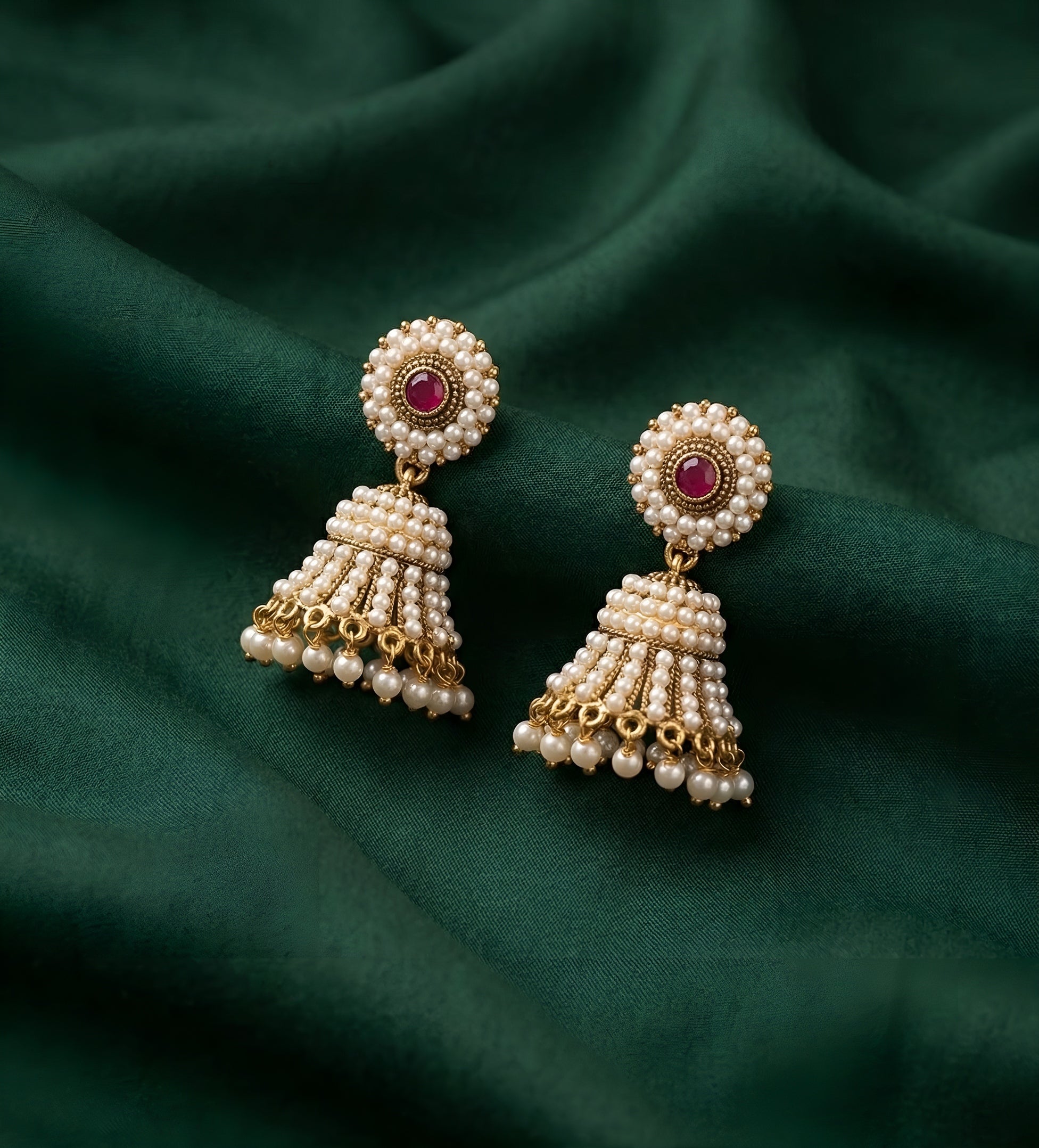 Gold Plated Artificial Pearls & Beaded Jhumka Earrings