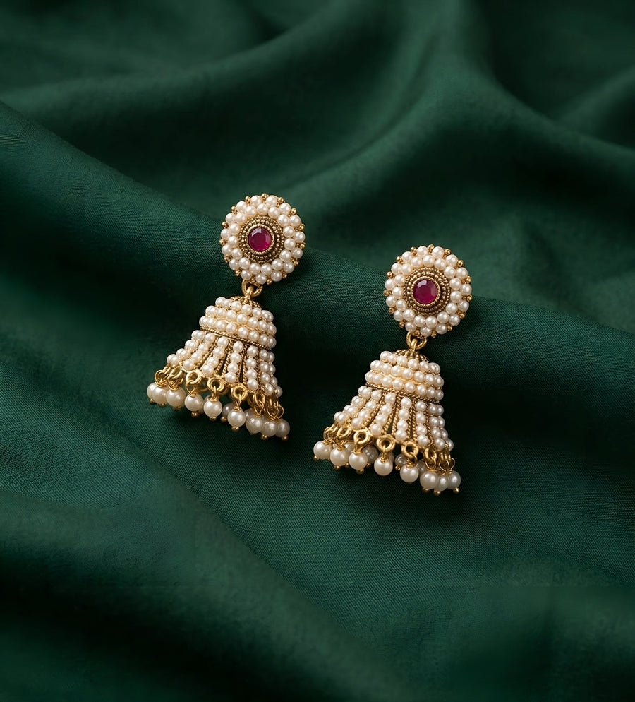 Gold Plated Artificial Pearls & Beaded Jhumka Earrings