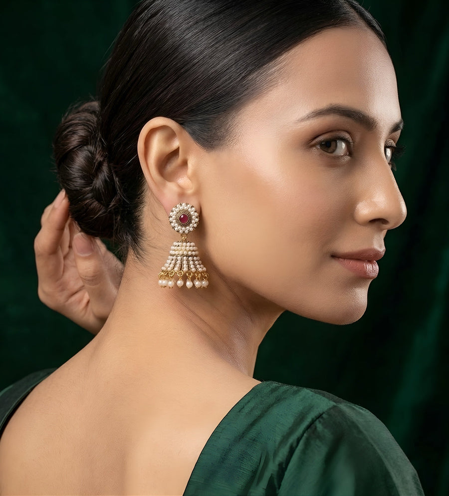 Gold Plated Artificial Pearls & Beaded Jhumka Earrings
