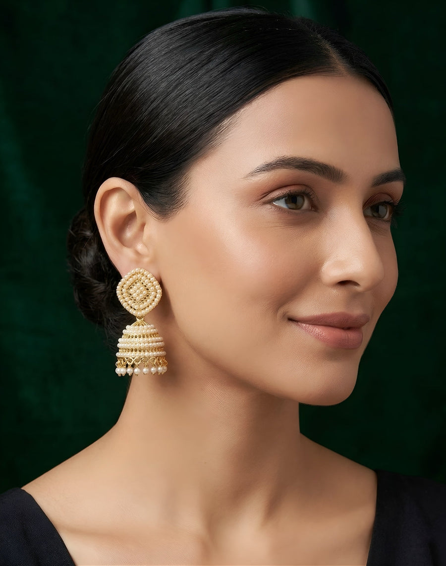 Gold Plated Artificial Pearls & Beaded Jhumka Earrings
