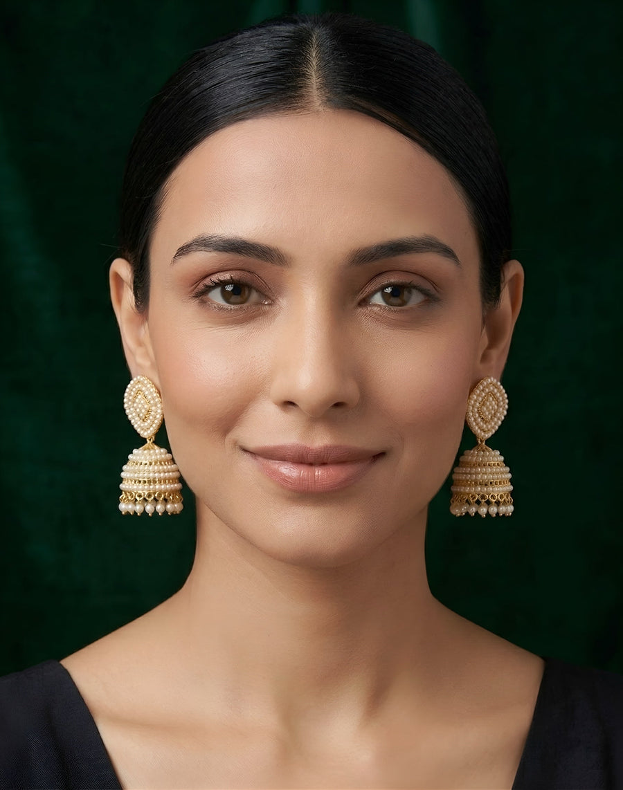 Gold Plated Artificial Pearls & Beaded Jhumka Earrings