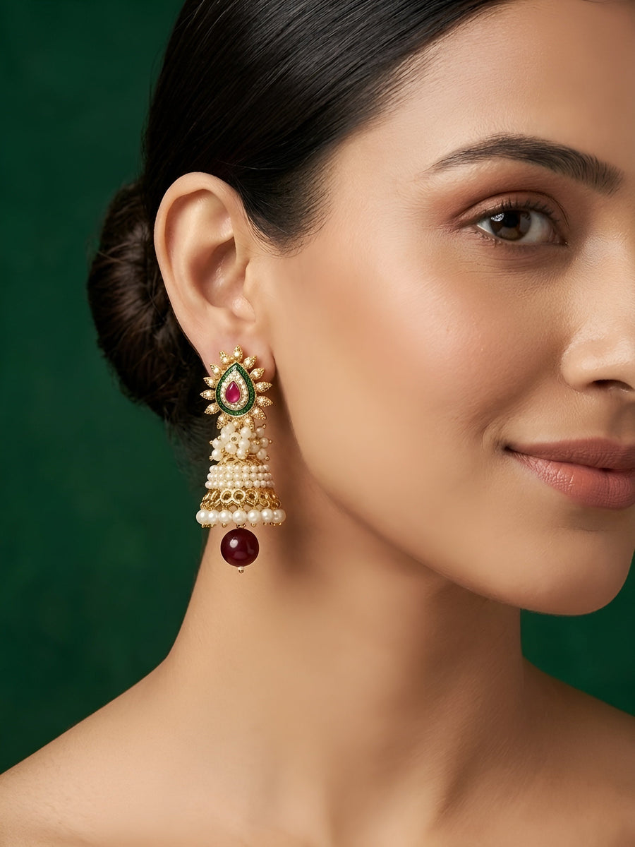 Gold Plated Fancy Beaded Jhumka Earrings