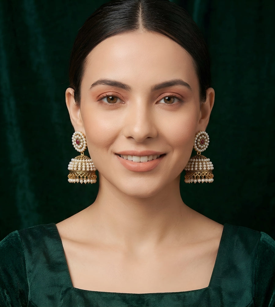 Gold Plated Fancy Beaded  Jhumka Earrings
