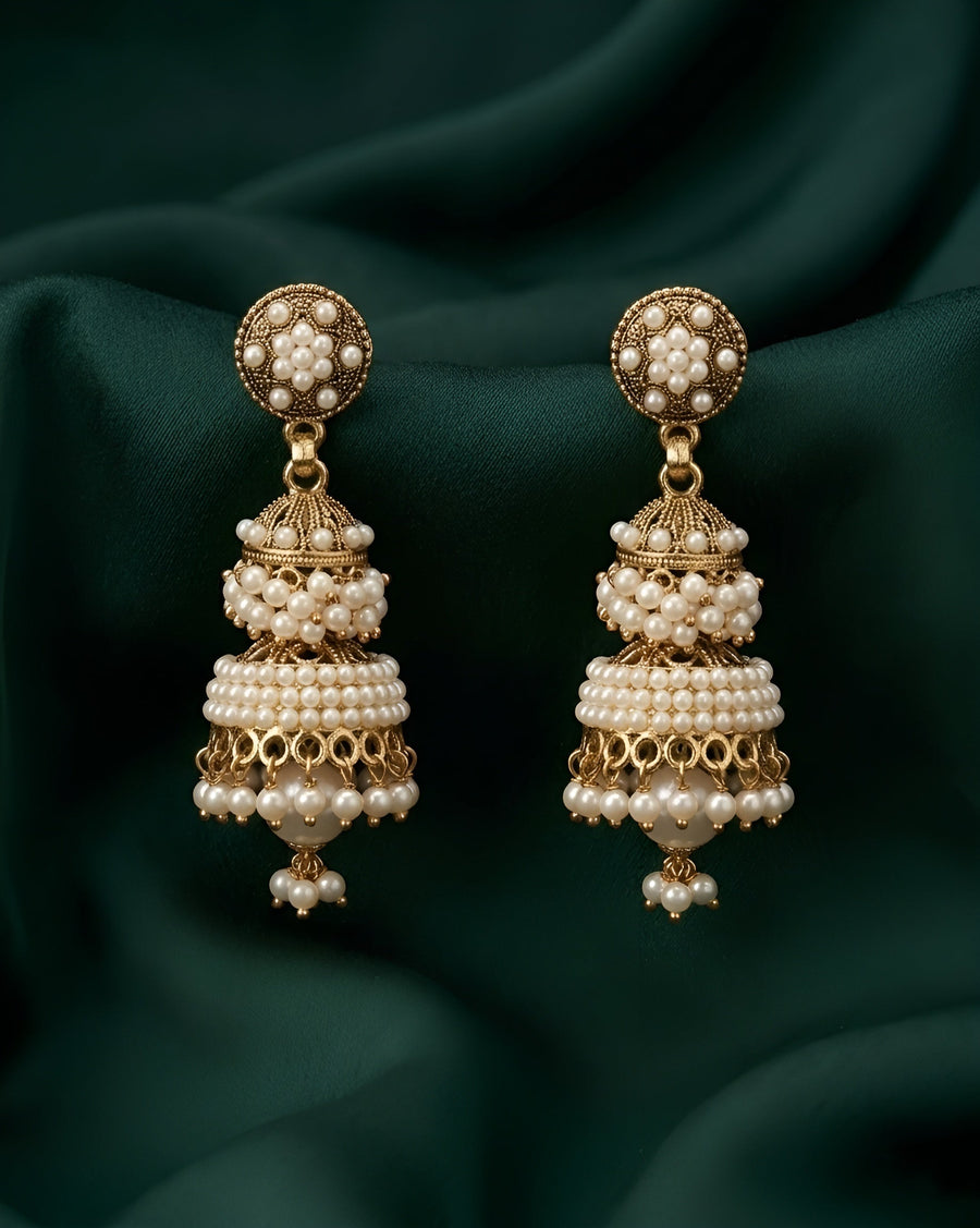 Gold Oxidized With Beaded Jhumki Style Earrings