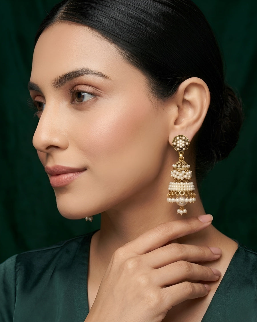 Gold Oxidized With Beaded Jhumki Style Earrings