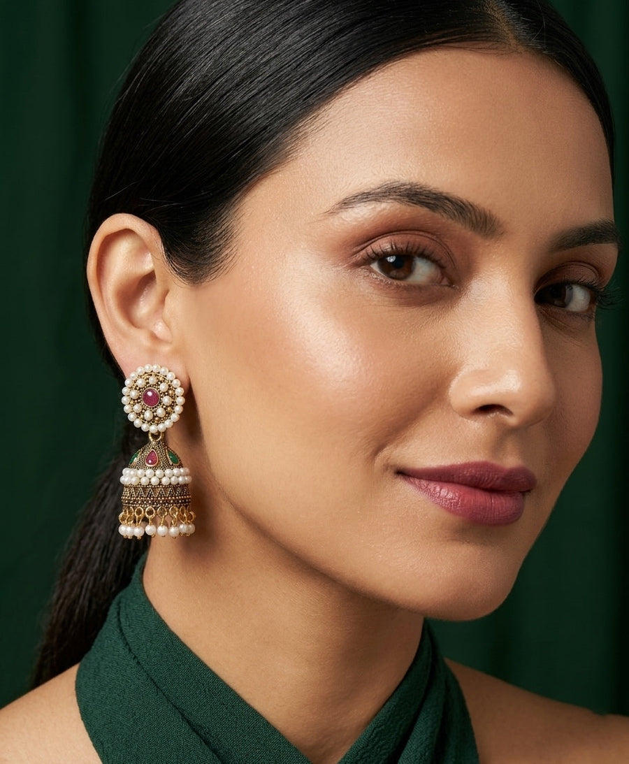 Gold Oxidized With Beaded Indo-Western Jhumka