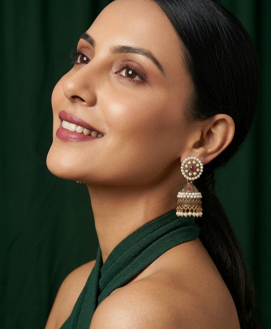 Gold Oxidized With Beaded Indo-Western Jhumka