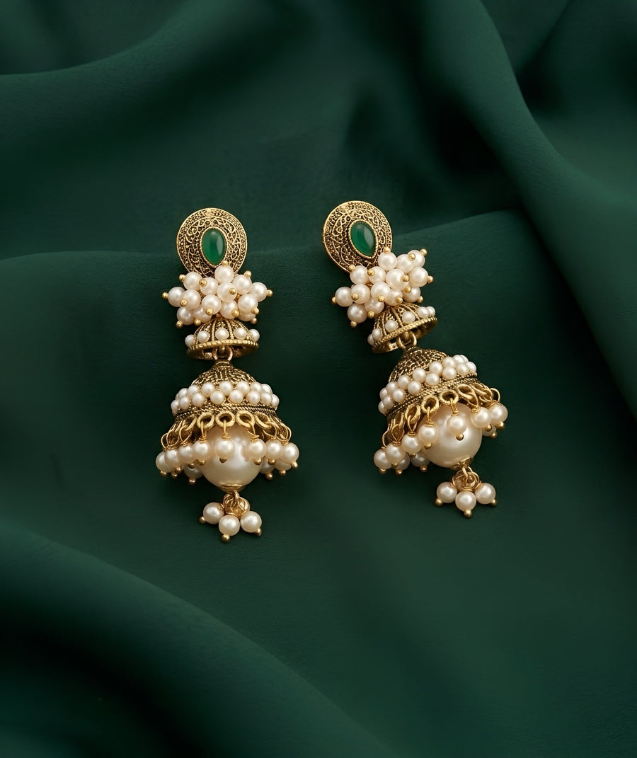 Gold-Toned Pearl Embellished Traditional Jhumka Earrings