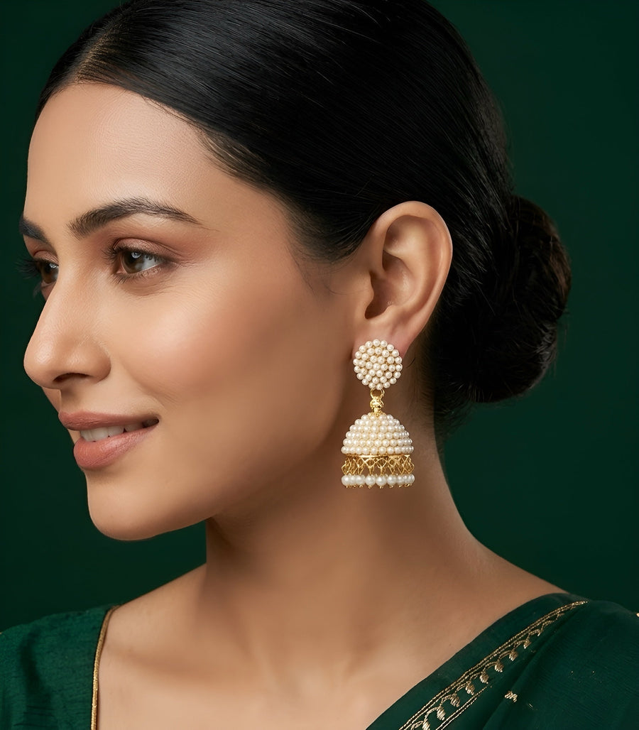Gold Plated Fancy Beaded  Jhumka Earrings