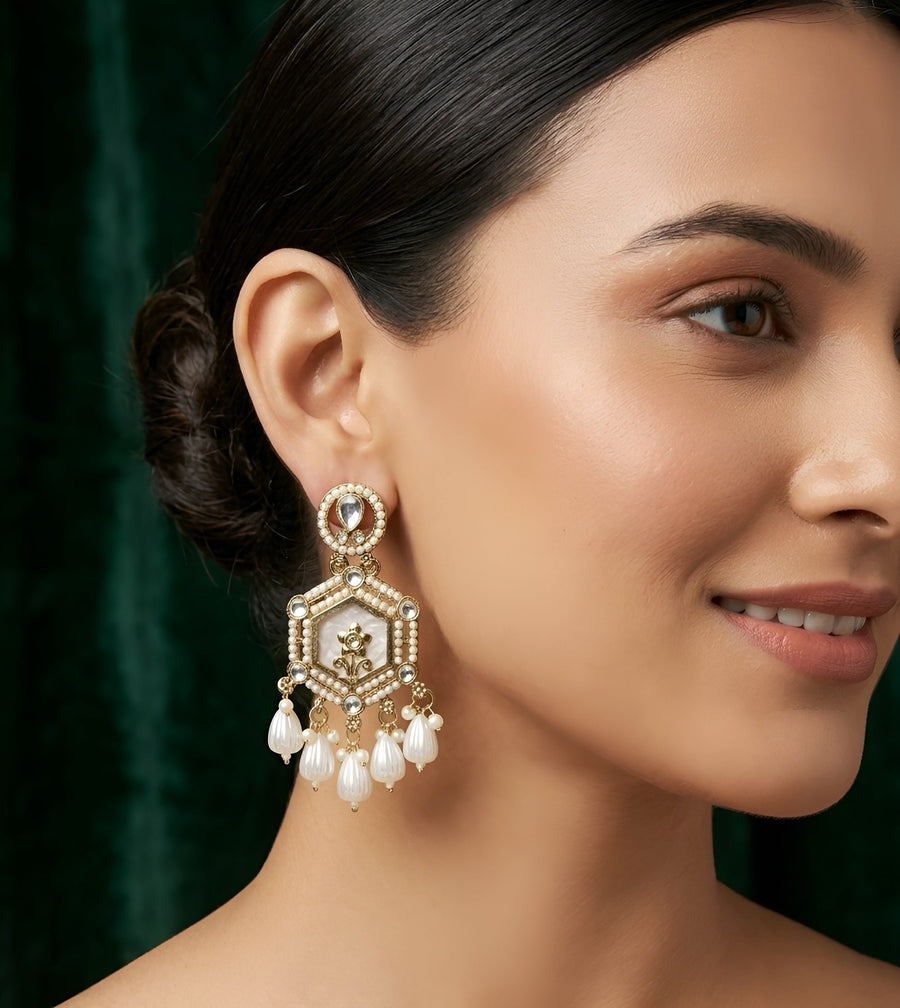 Gold Plated Kundan & Pearl Statement Earrings