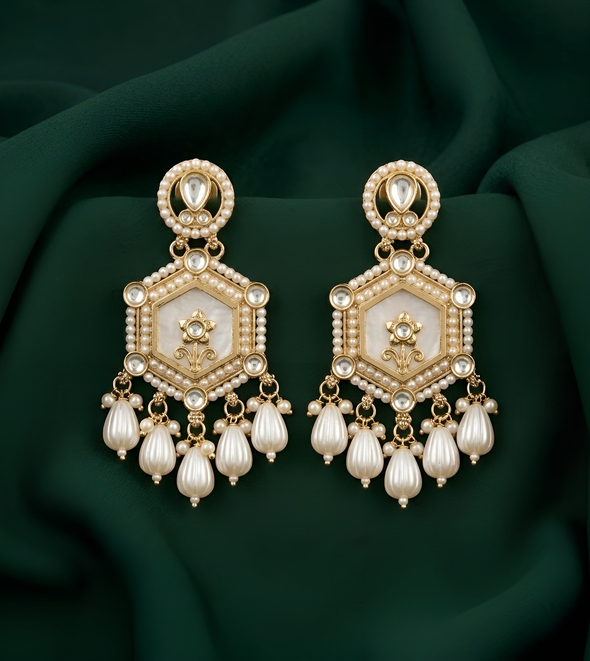 Gold Plated Kundan & Pearl Statement Earrings