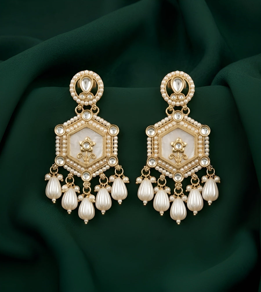 Gold Plated Kundan & Pearl Statement Earrings