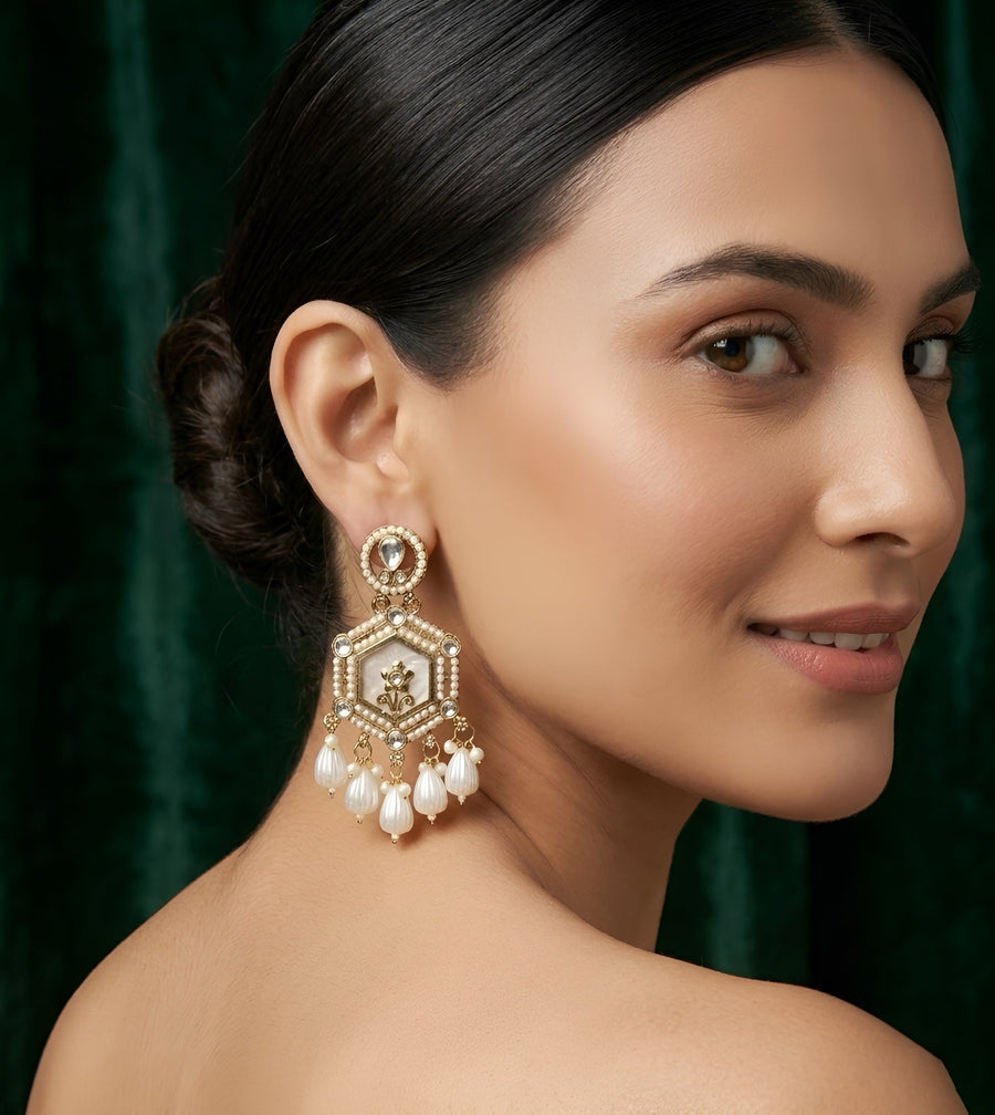 Gold Plated Kundan & Pearl Statement Earrings