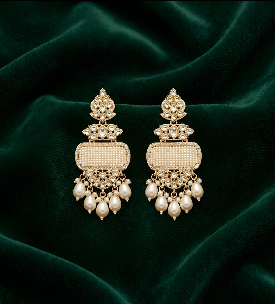 Gold Plated Kundan & Pearl Statement Earrings