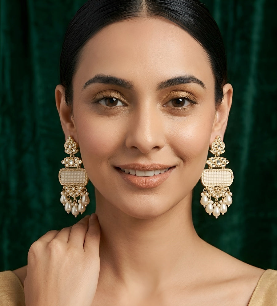 Gold Plated Kundan & Pearl Statement Earrings