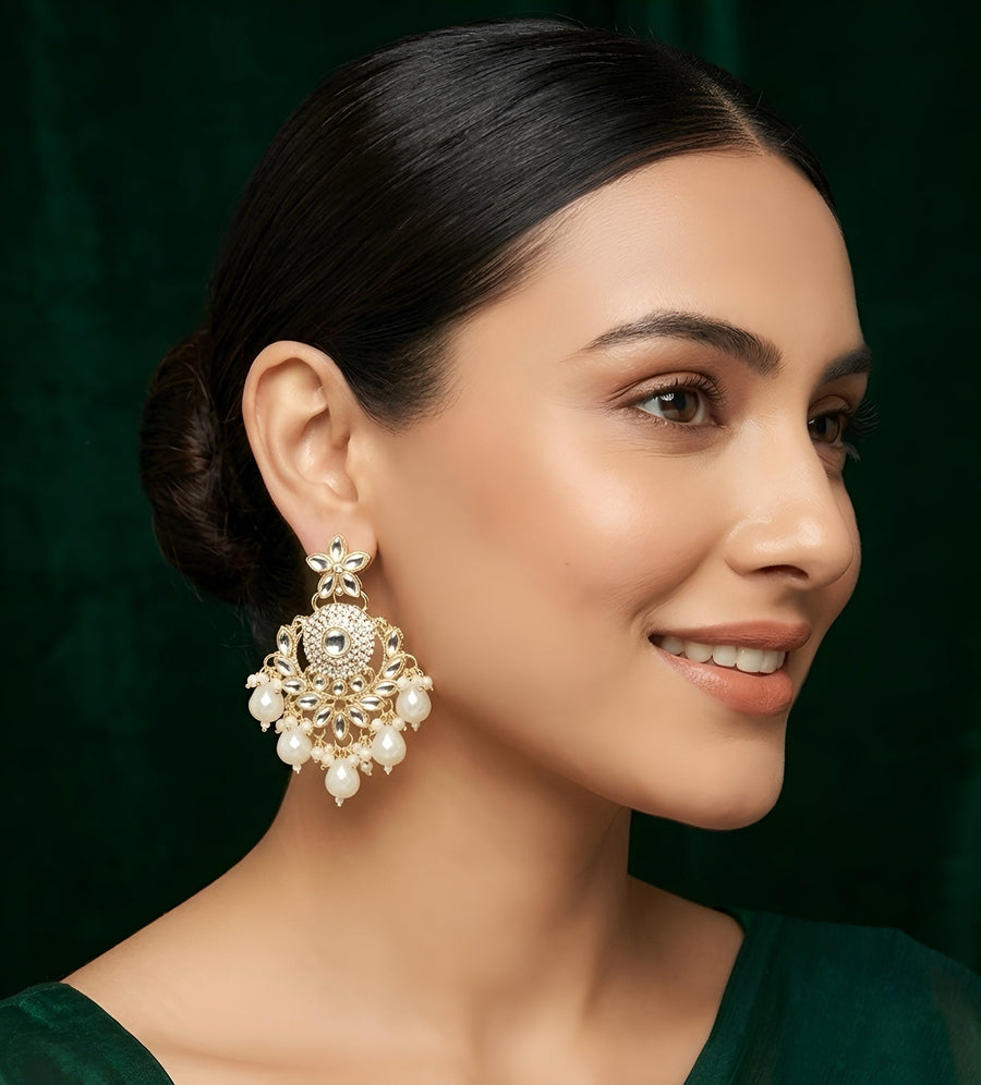 Gold Plated Kundan & Pearl Statement Earrings