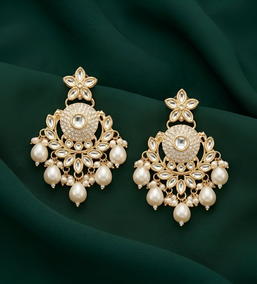 Gold Plated Kundan & Pearl Statement Earrings