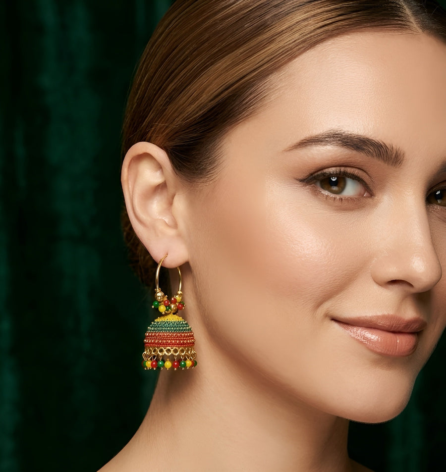Gold-Toned Meenakari Multicolor Beaded Jhumka Hoop Earrings