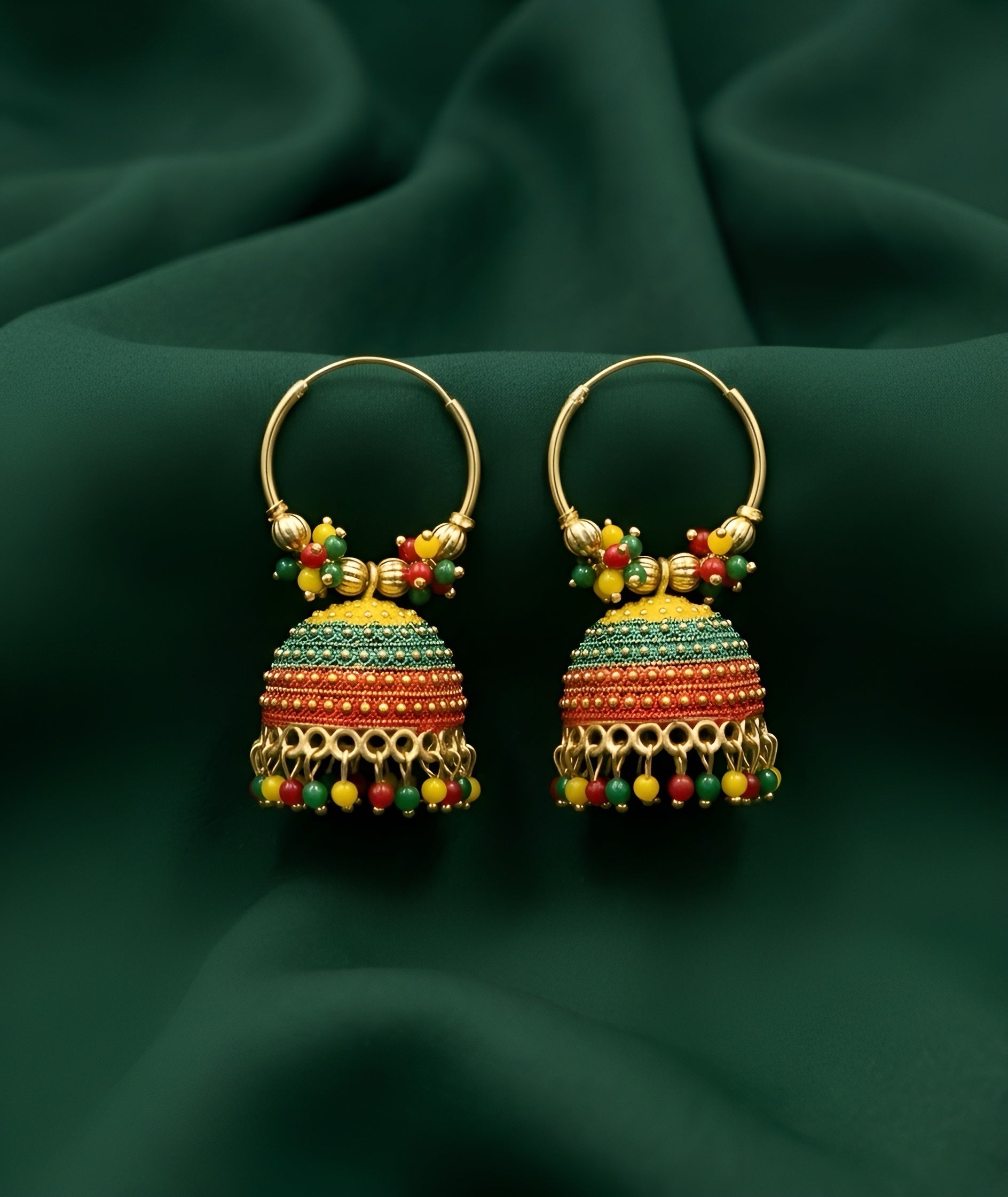 Gold-Toned Meenakari Multicolor Beaded Jhumka Hoop Earrings