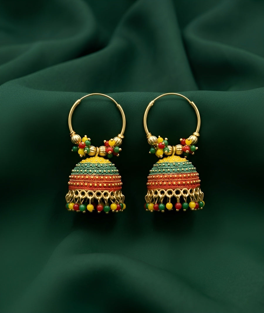 Gold-Toned Meenakari Multicolor Beaded Jhumka Hoop Earrings